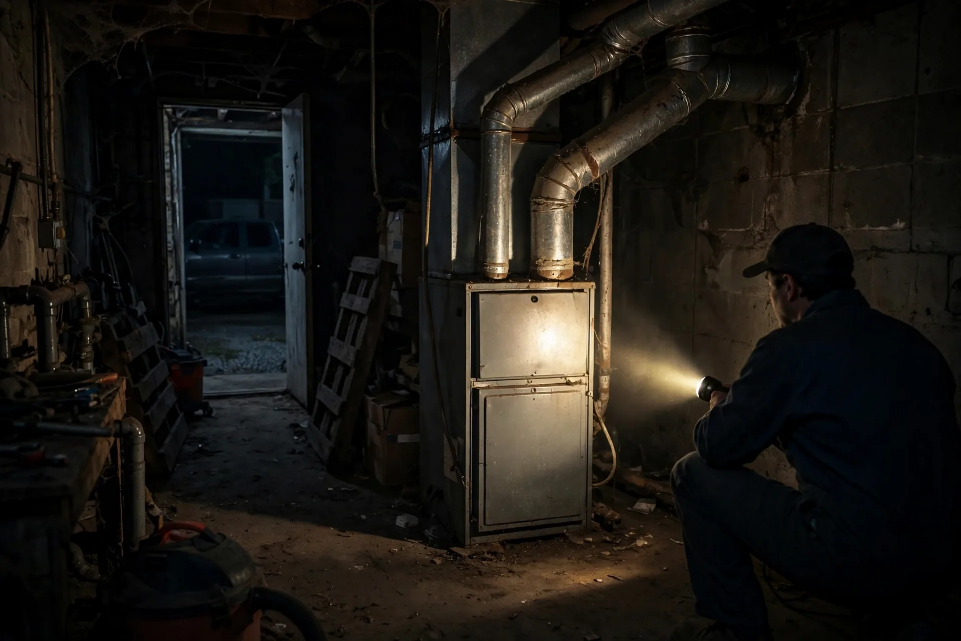 Worker with a flashlight inspecting a silent furnace in a dark basement