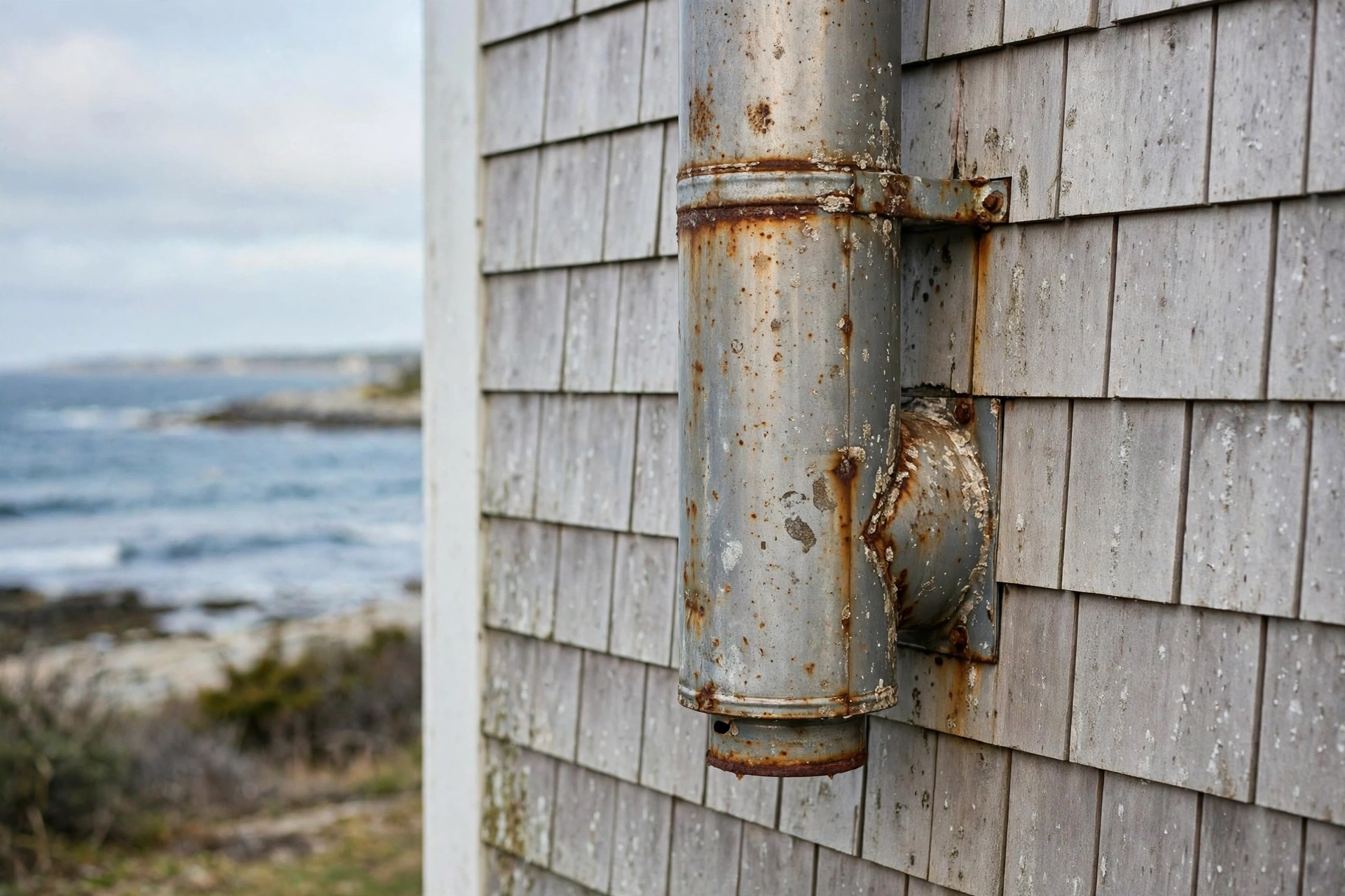 Rusted metal vent pipe on the shingled wall of a coastal home near the ocean
