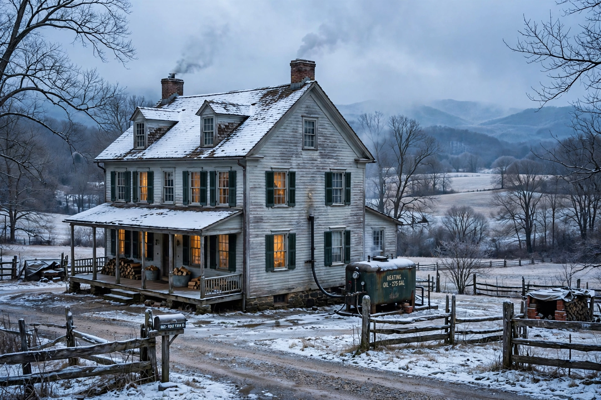 Old white farmhouse with smoking chimneys in a snowy rural landscape