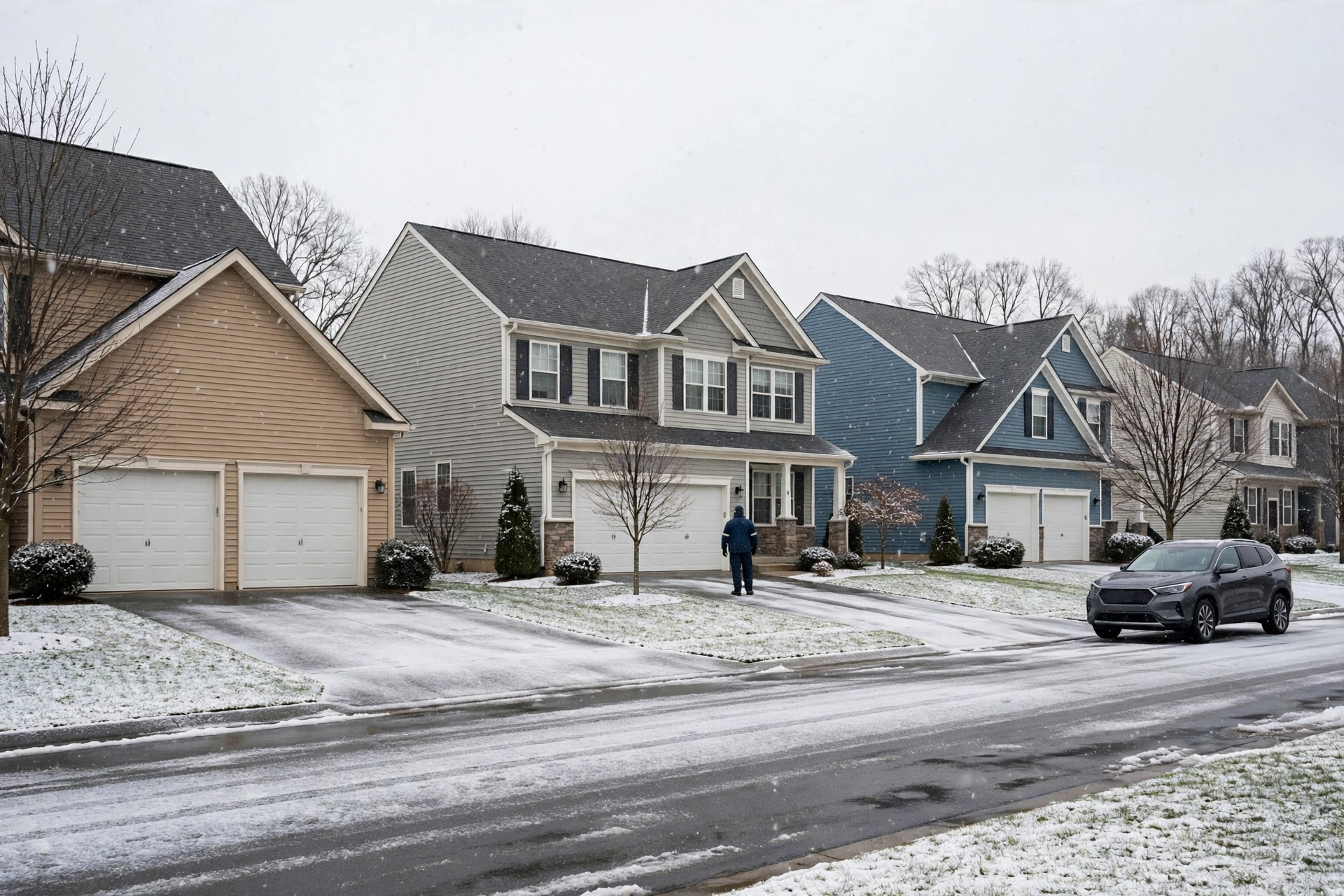 Suburban homes on a snowy street with a worker walking to a front door, furnace repair in Smyrna
