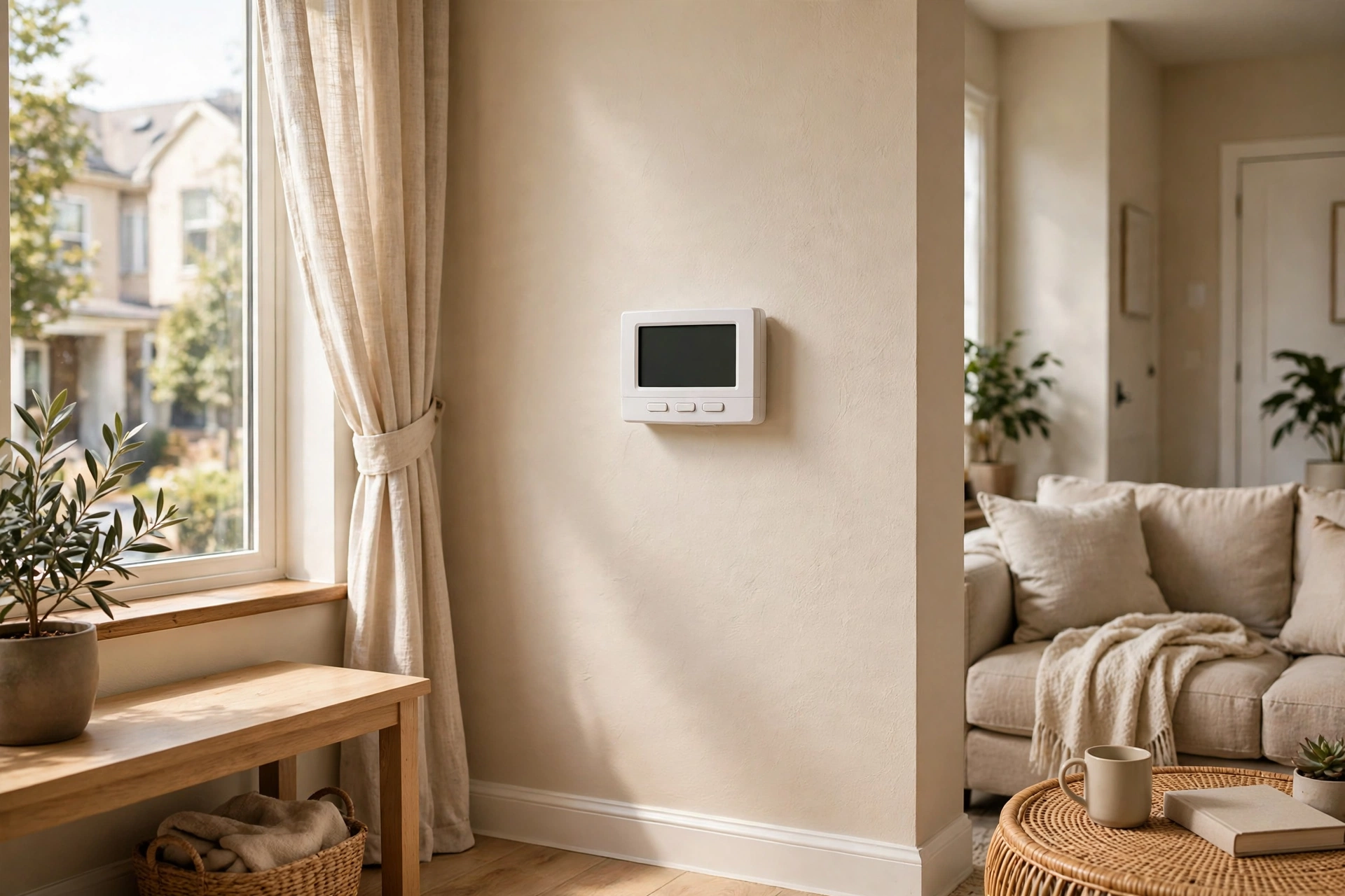Wall thermostat in a bright living room beside a window, furnace repair in Hockessin
