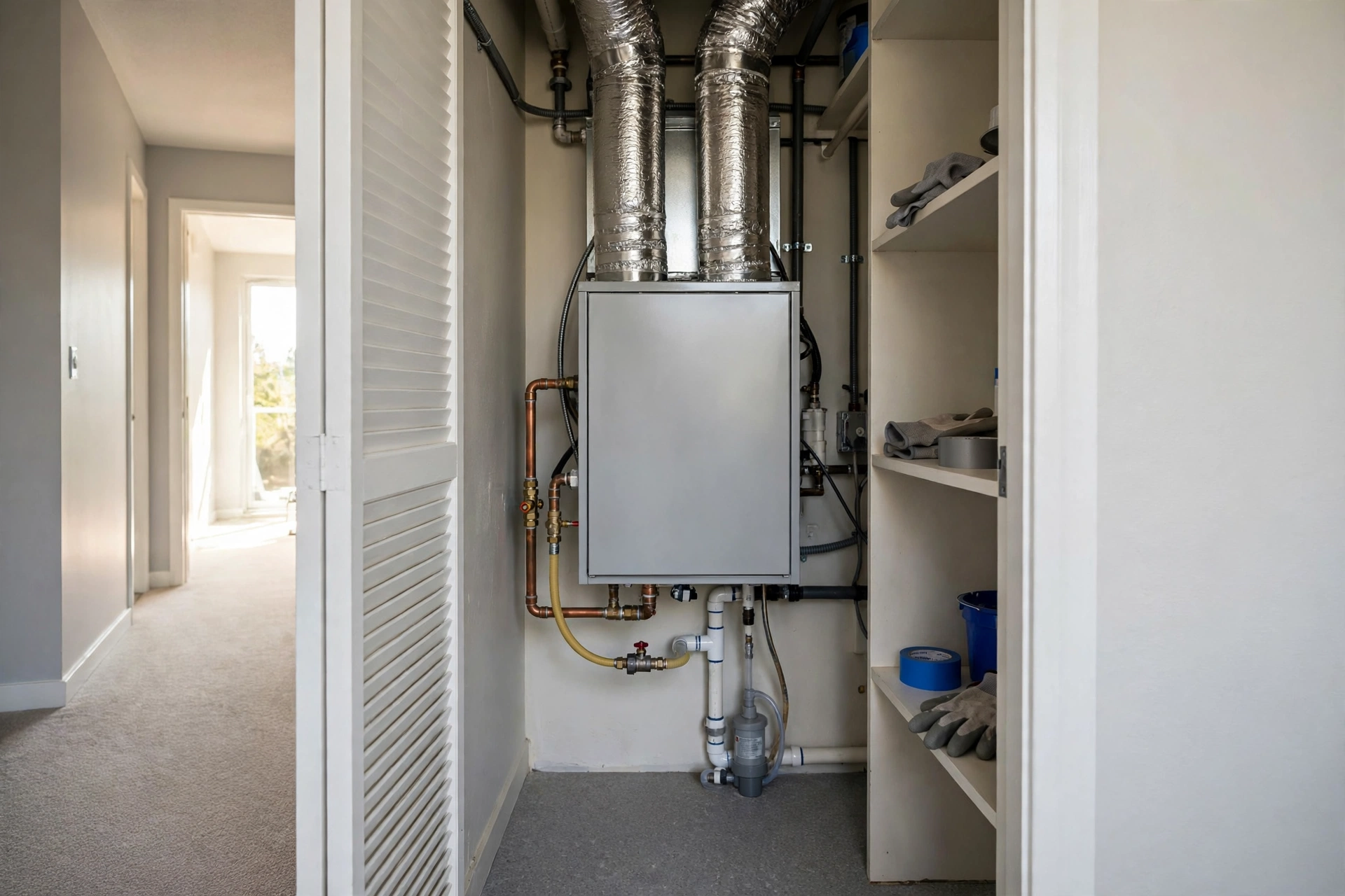 Furnace unit in a hallway closet with copper piping, furnace repair in Brookside