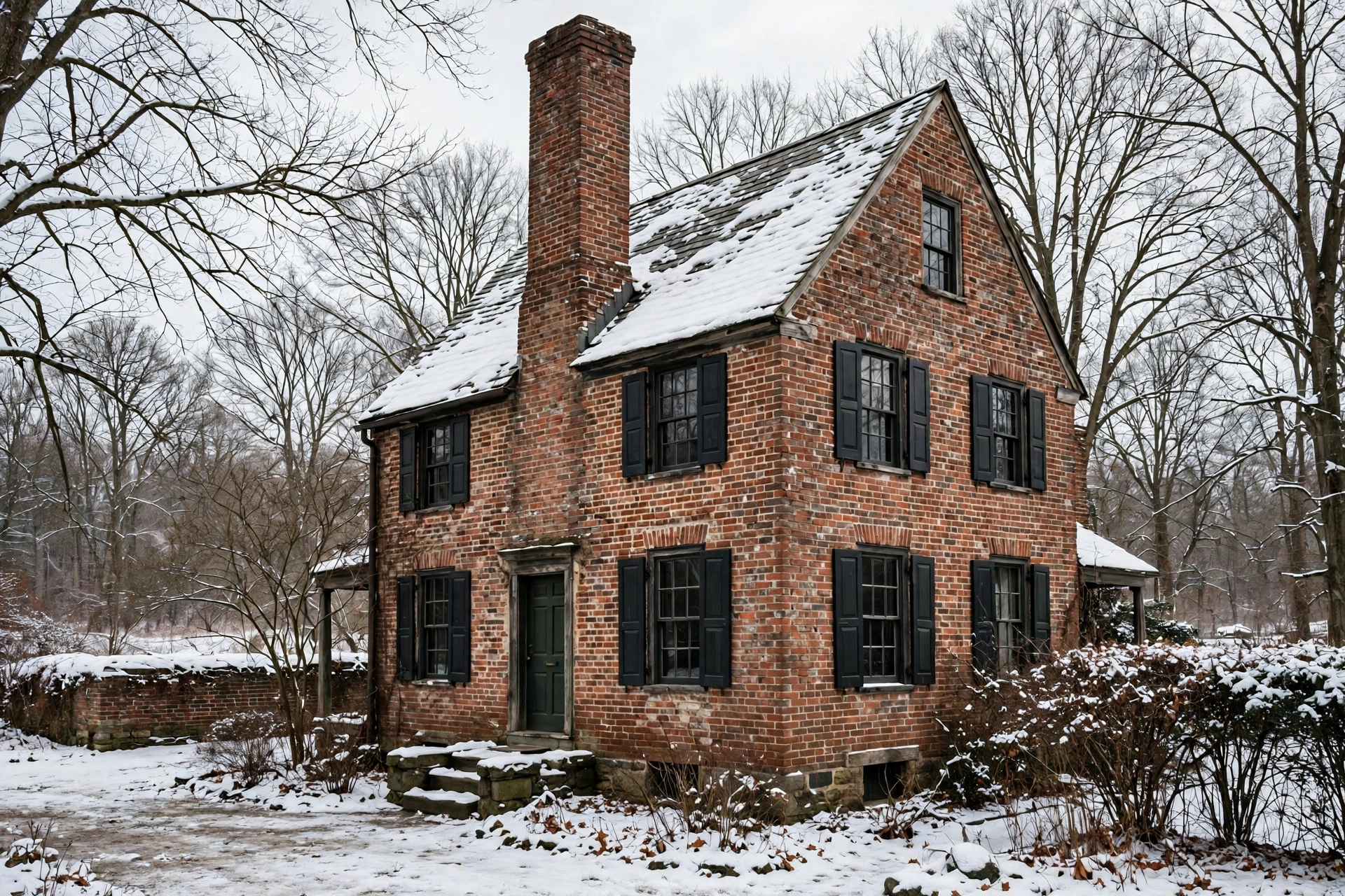 Brick colonial house with a tall chimney in snow, furnace repair in Delmar
