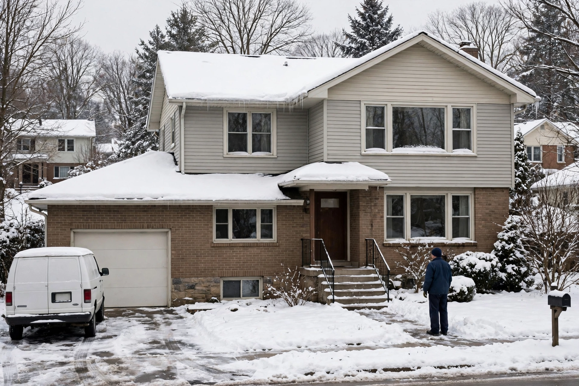 Snow covered split level house with a plain white van in the driveway, furnace repair in Laurel