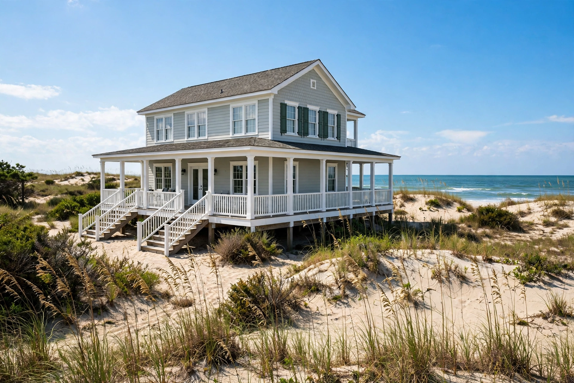 Coastal beach house with a wide porch standing among sand dunes by the ocean, furnace repair in Lewes