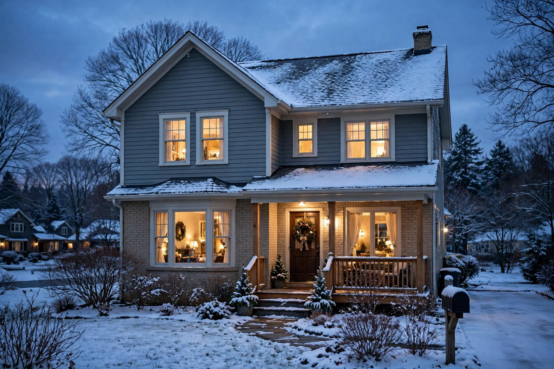 Two story house with glowing windows and a snow covered porch at dusk, furnace repair in Ocean View