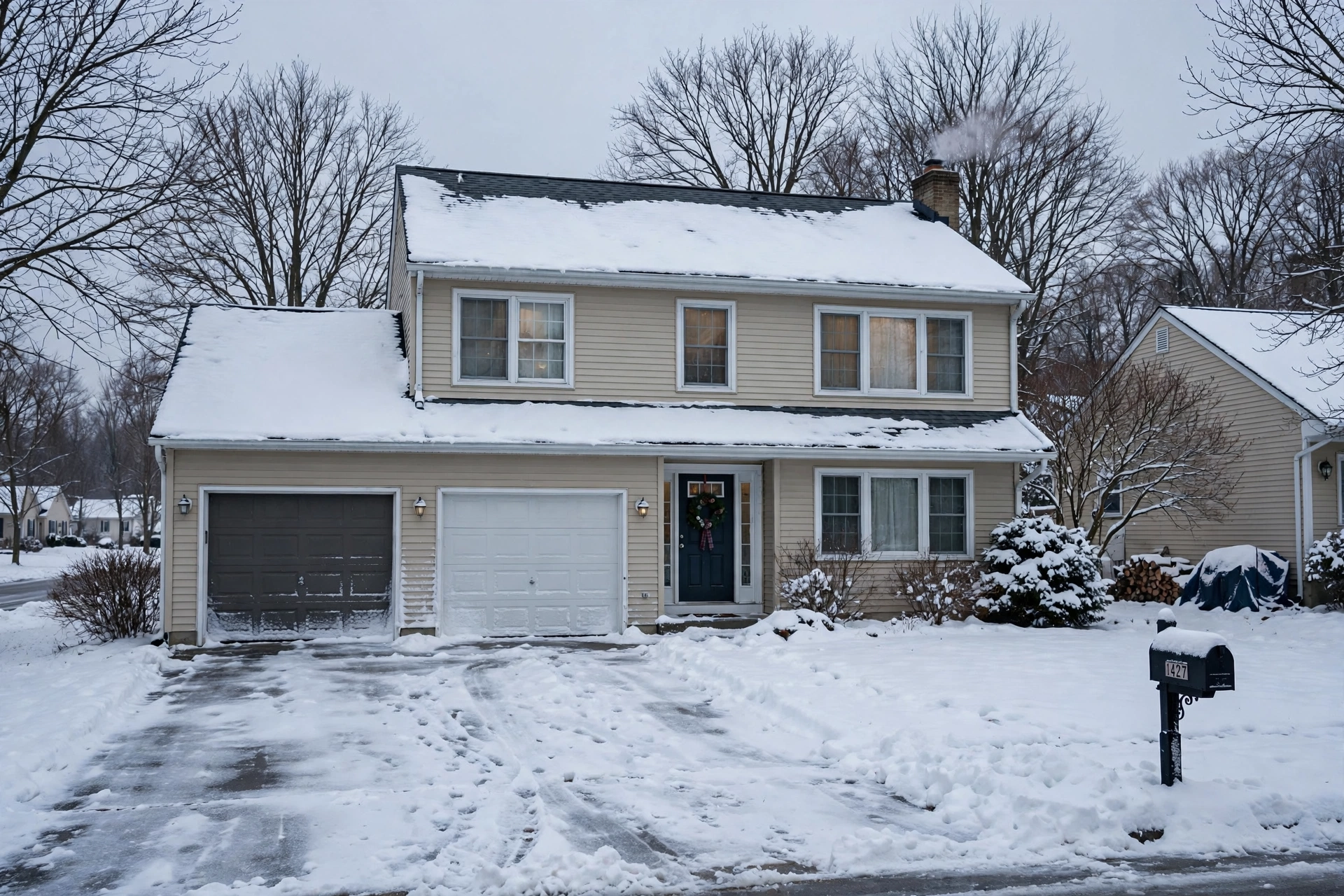 Beige two story house with a snow covered roof and a mailbox in the front yard, furnace repair in Fenwick Island