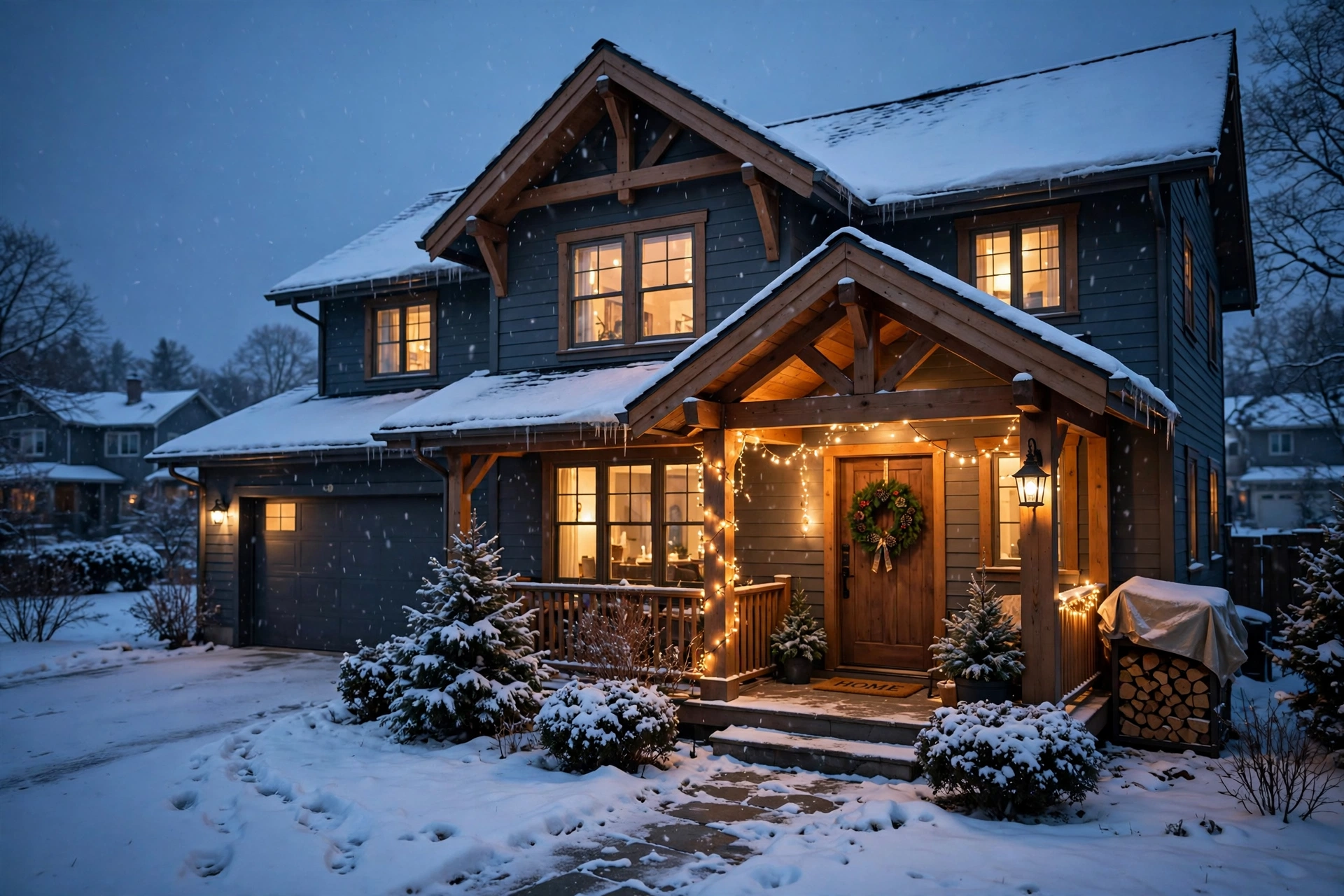 Dark sided craftsman house with warm porch lights in falling snow, furnace repair in Selbyville