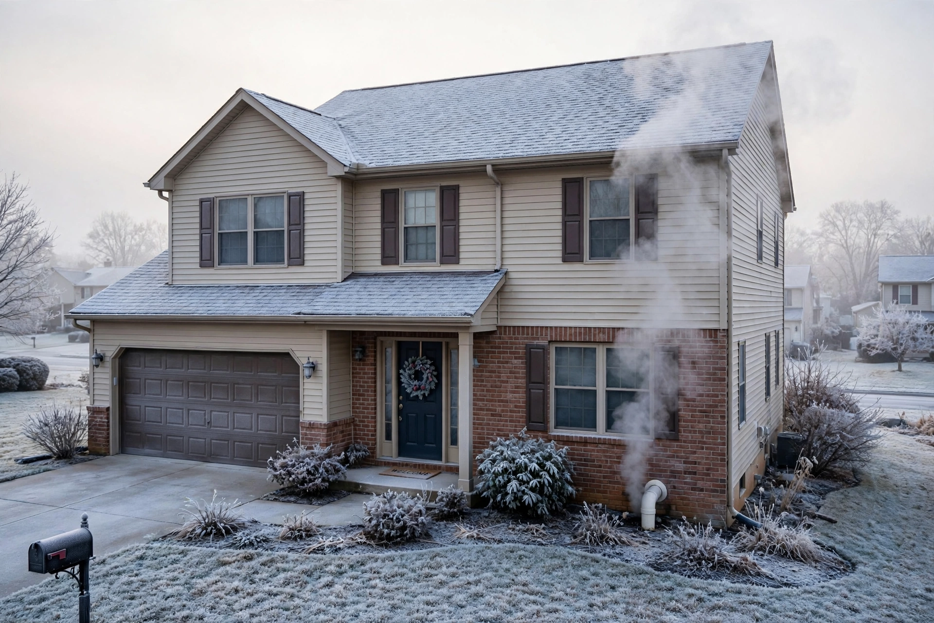 Two story house on a frosty morning with steam rising from a side vent, furnace repair in Frankford
