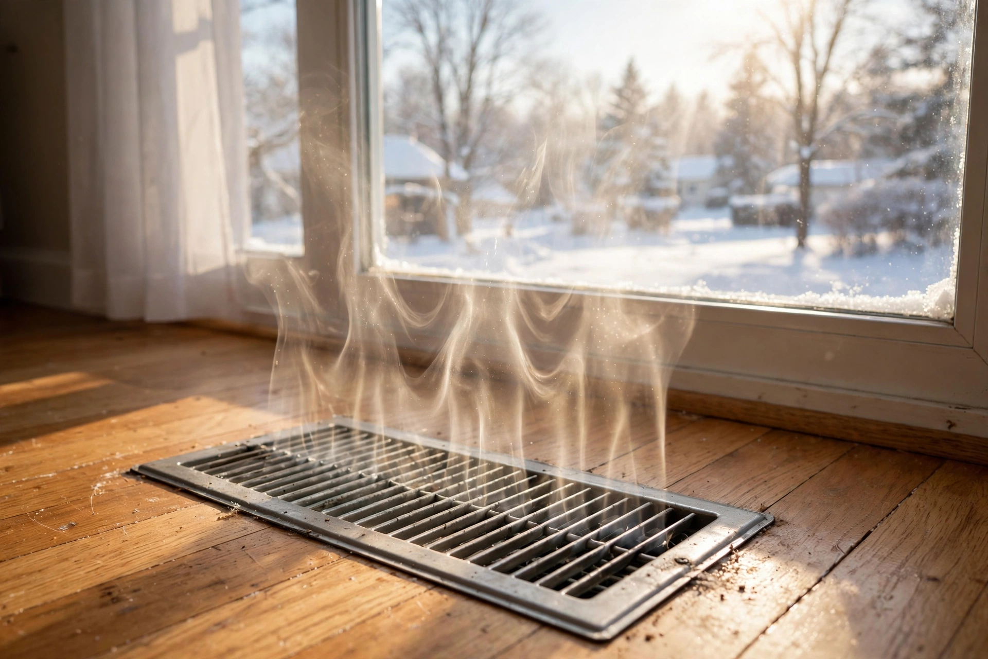 Warm air rising from a floor vent beside a window with a snowy view, furnace repair in Harrington