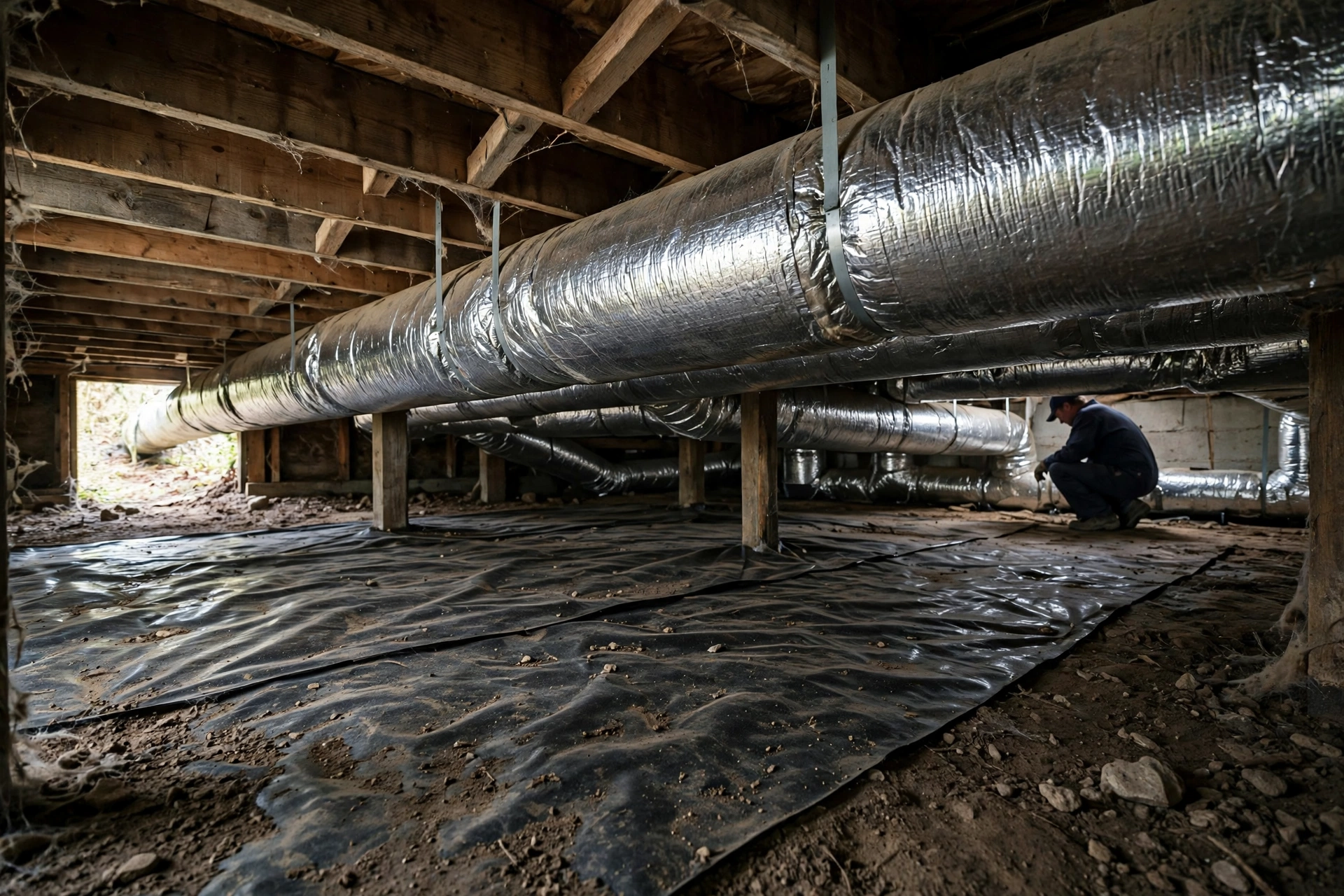 Insulated ductwork running through a crawlspace with a worker in the background, furnace repair in Clayton