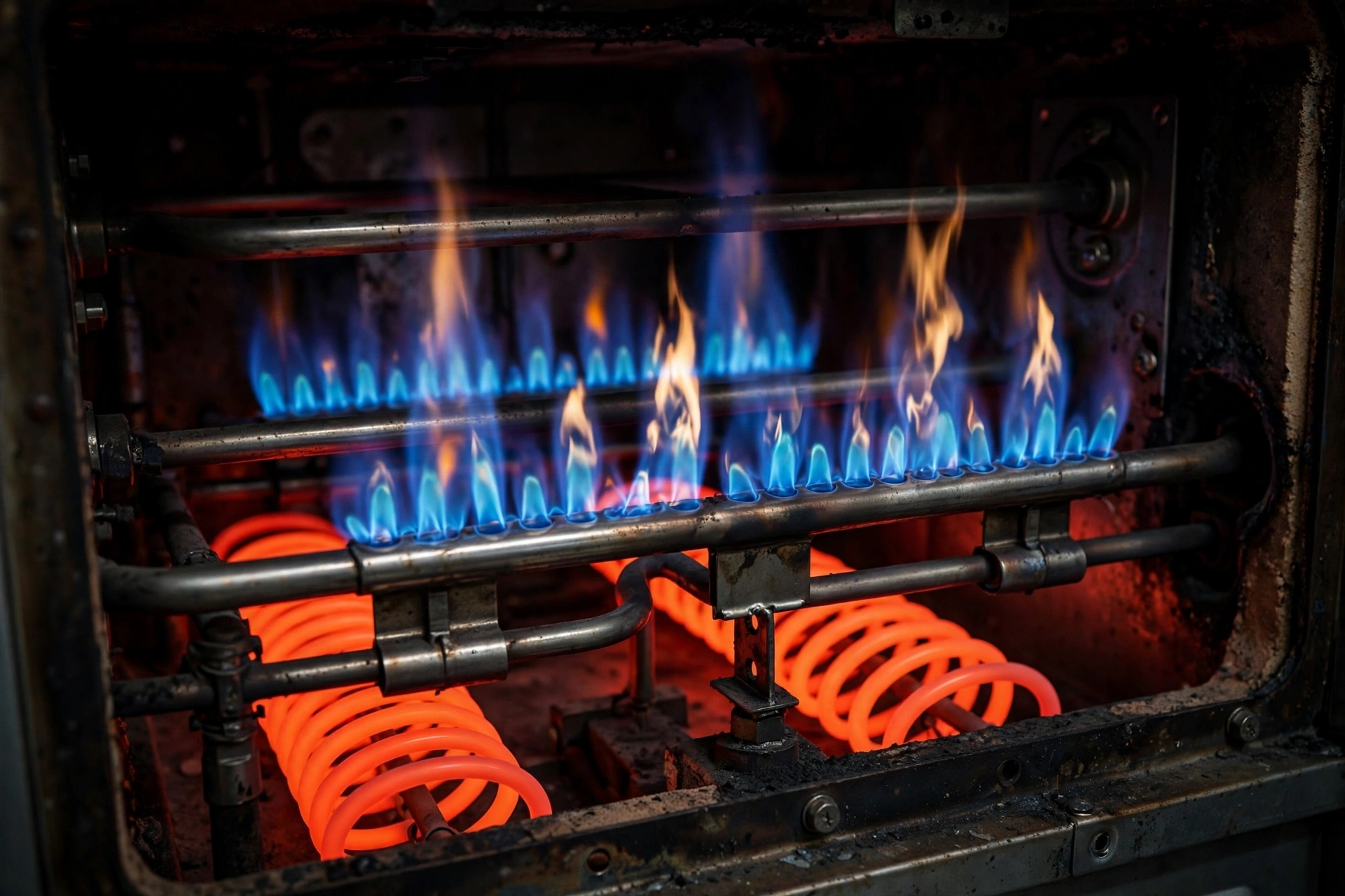 Blue and orange flames burning inside an open gas furnace