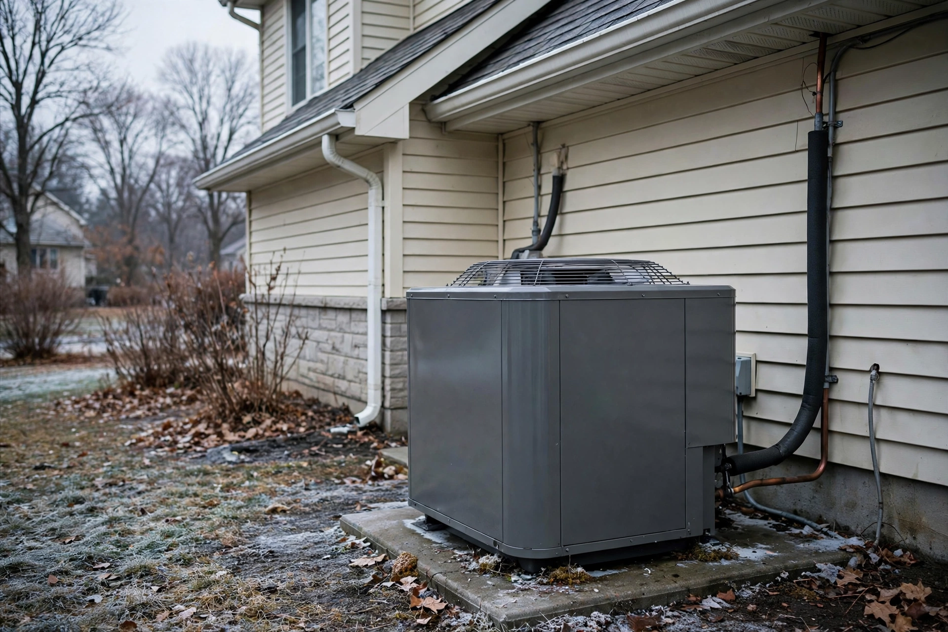 Plain grey outdoor heat pump unit on a concrete pad beside a house
