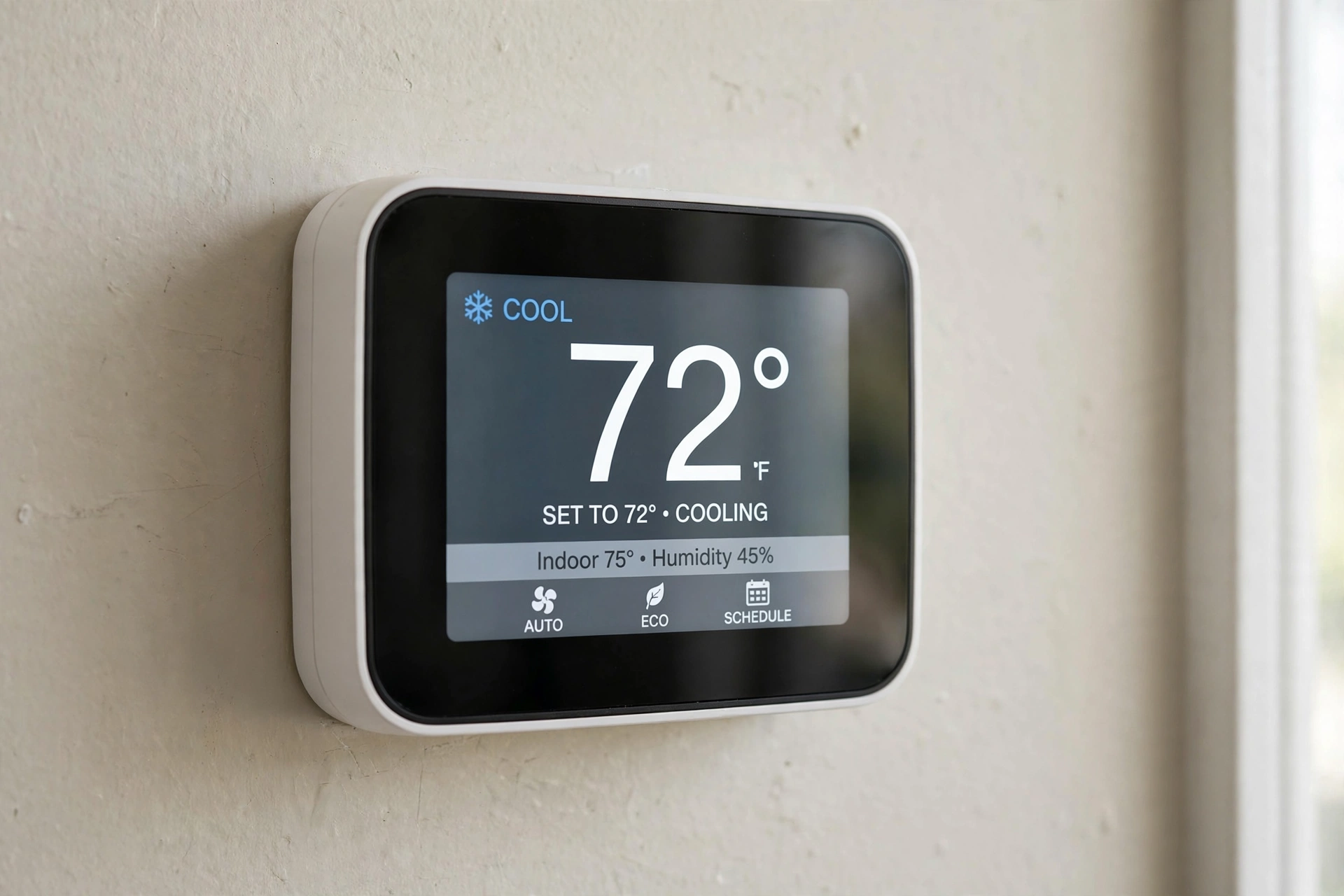 Modern wall thermostat showing a temperature reading on a plain interior wall