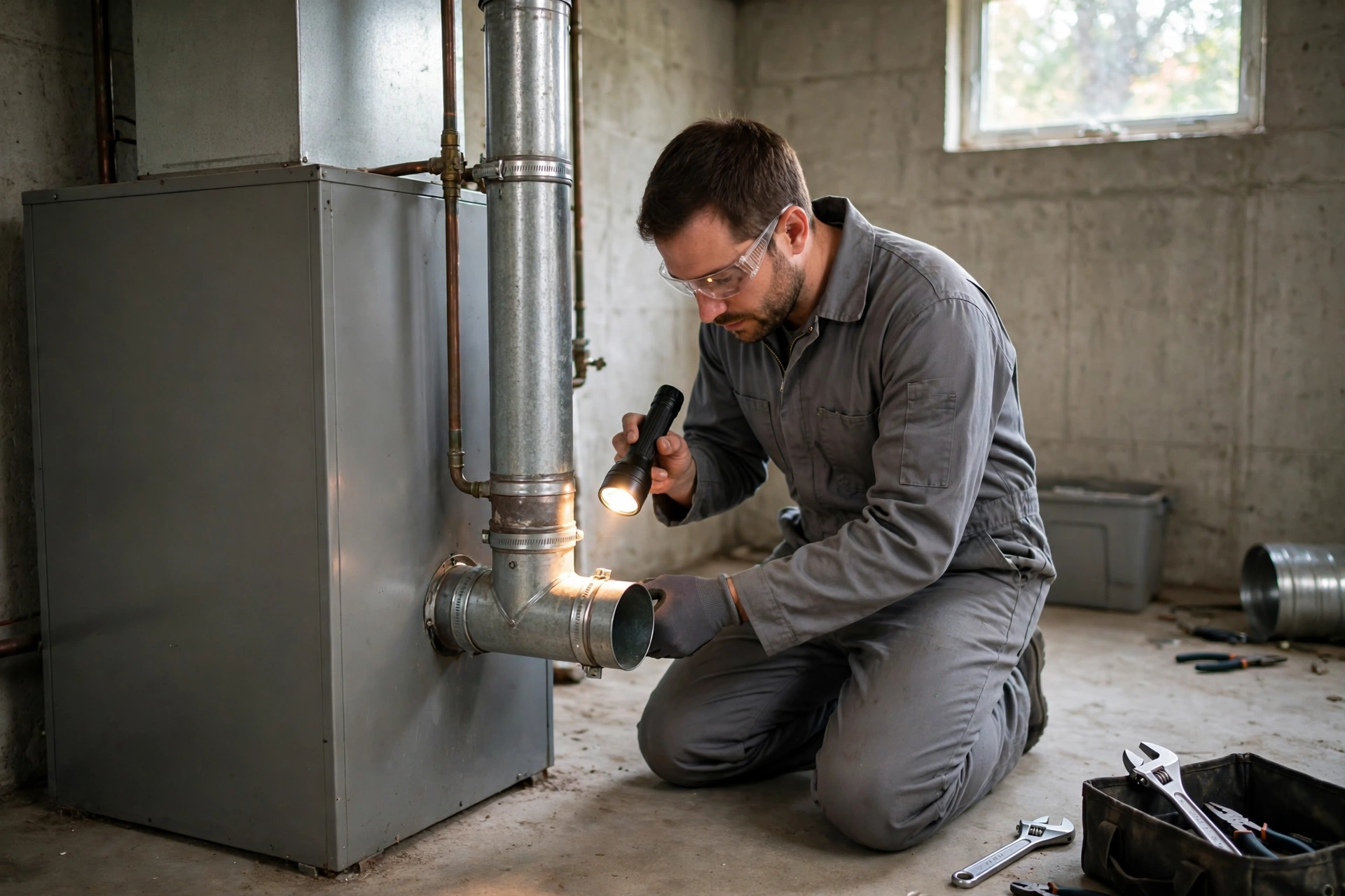 Furnace technician inspecting a home heating system in Glasgow, Delaware